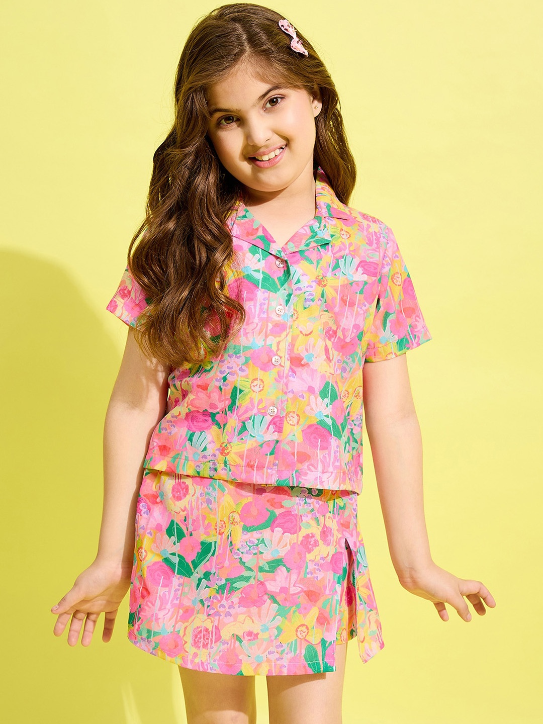 

StyleStone Girls Printed Cuban Collar Shirt With Flared Skort, Pink
