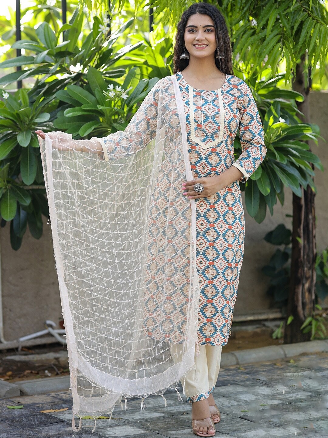 

KALINI Geometric Printed Regular Gotta Patti Pure Cotton Kurta with Trousers & Dupatta, Off white