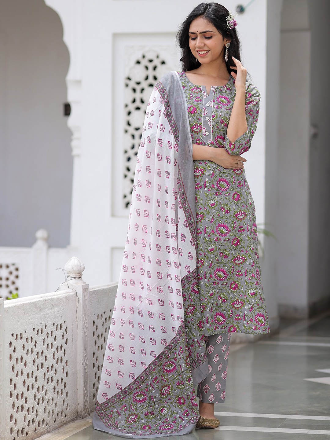 

KALINI Ethnic Motifs Printed Regular Gotta Patti Pure Cotton Kurta with Trousers & Dupatta, Grey