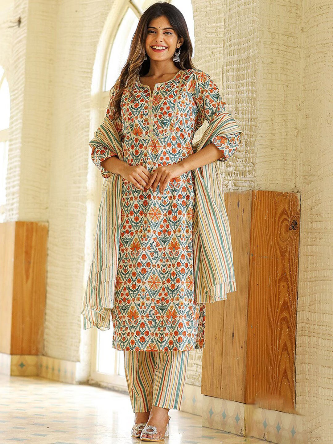 

KALINI Ethnic Motifs Printed Regular Thread Work Pure Cotton Kurta with Trousers & Dupatta, Beige