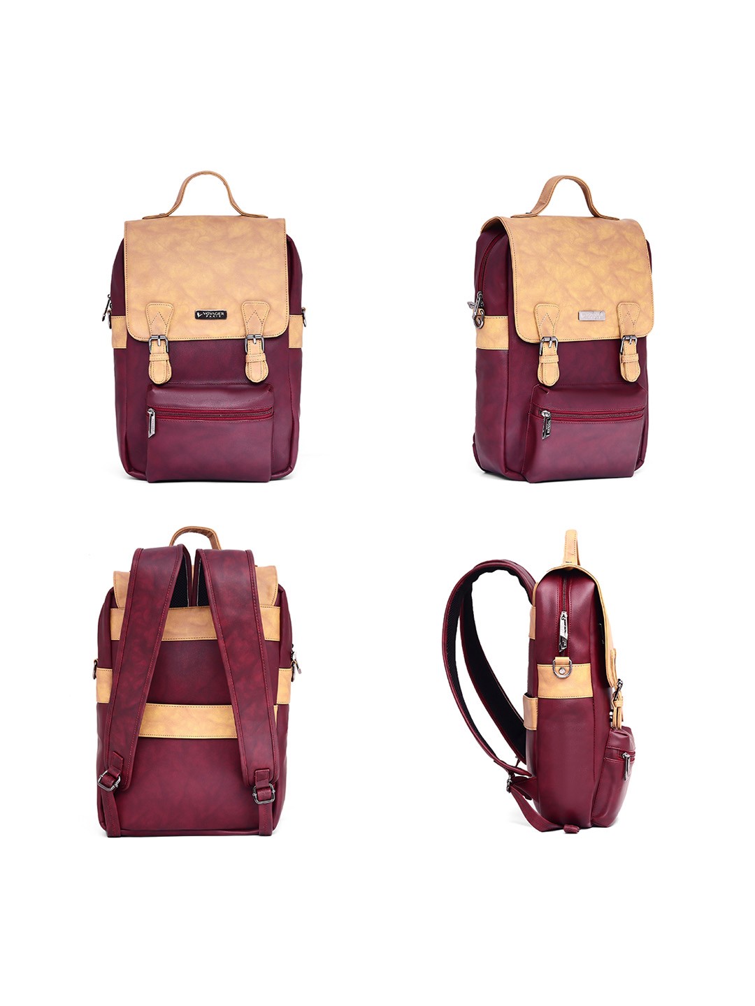 

VOYAGER PARIS Unisex Colourblocked Leather Backpack, Beige