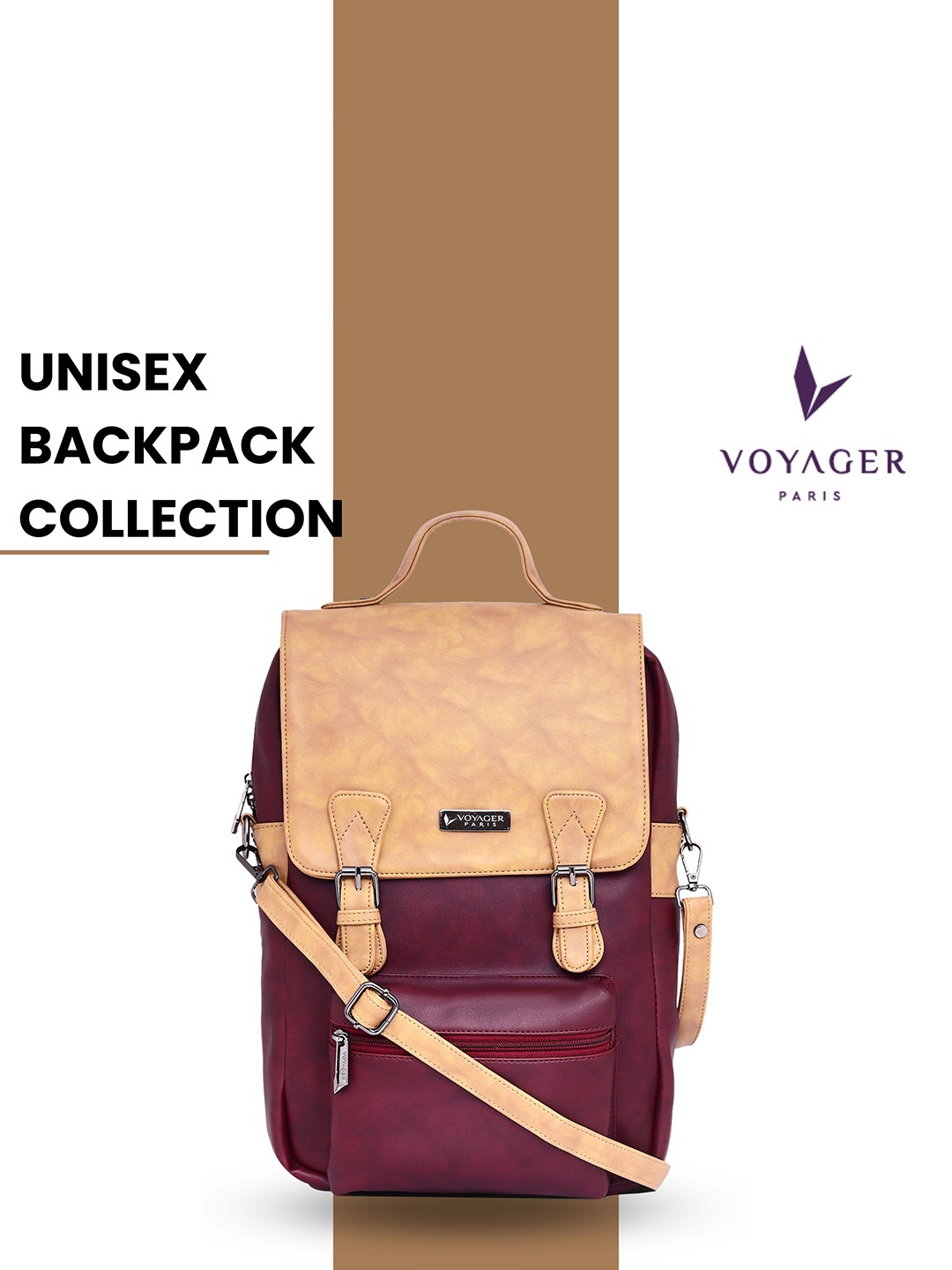 

VOYAGER PARIS Unisex Colourblocked Leather Backpack, Beige