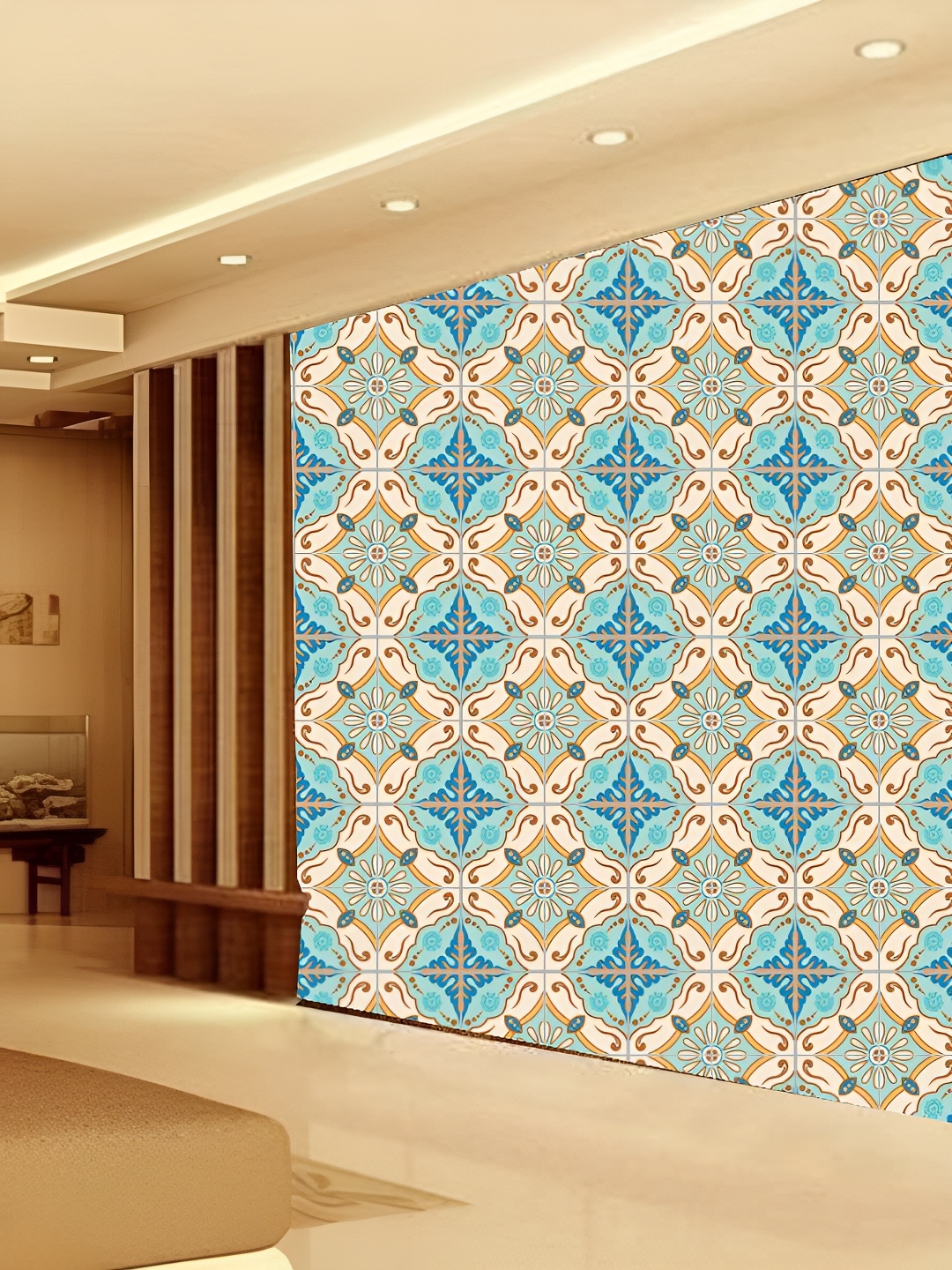 

KSHIRSA Turquoise Blue & Beige 3D Printed Self-Adhesive Wallpaper