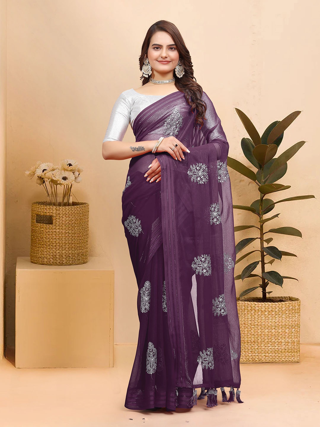 

Celeb Styles Ethnic Motifs Embroidered Pure Chiffon Saree, Purple