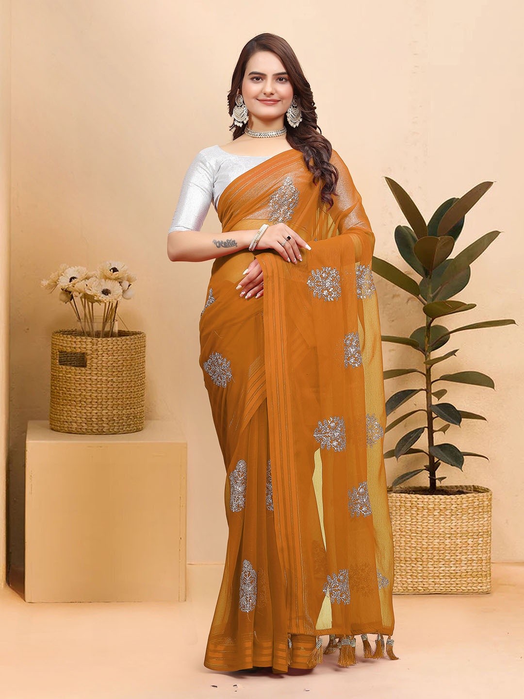 

Celeb Styles Ethnic Motifs Embroidered Saree, Mustard