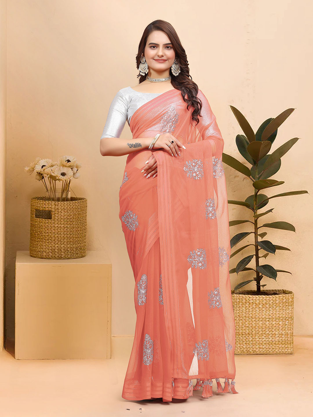 

Celeb Styles Ethnic Motifs Embroidered Saree, Orange