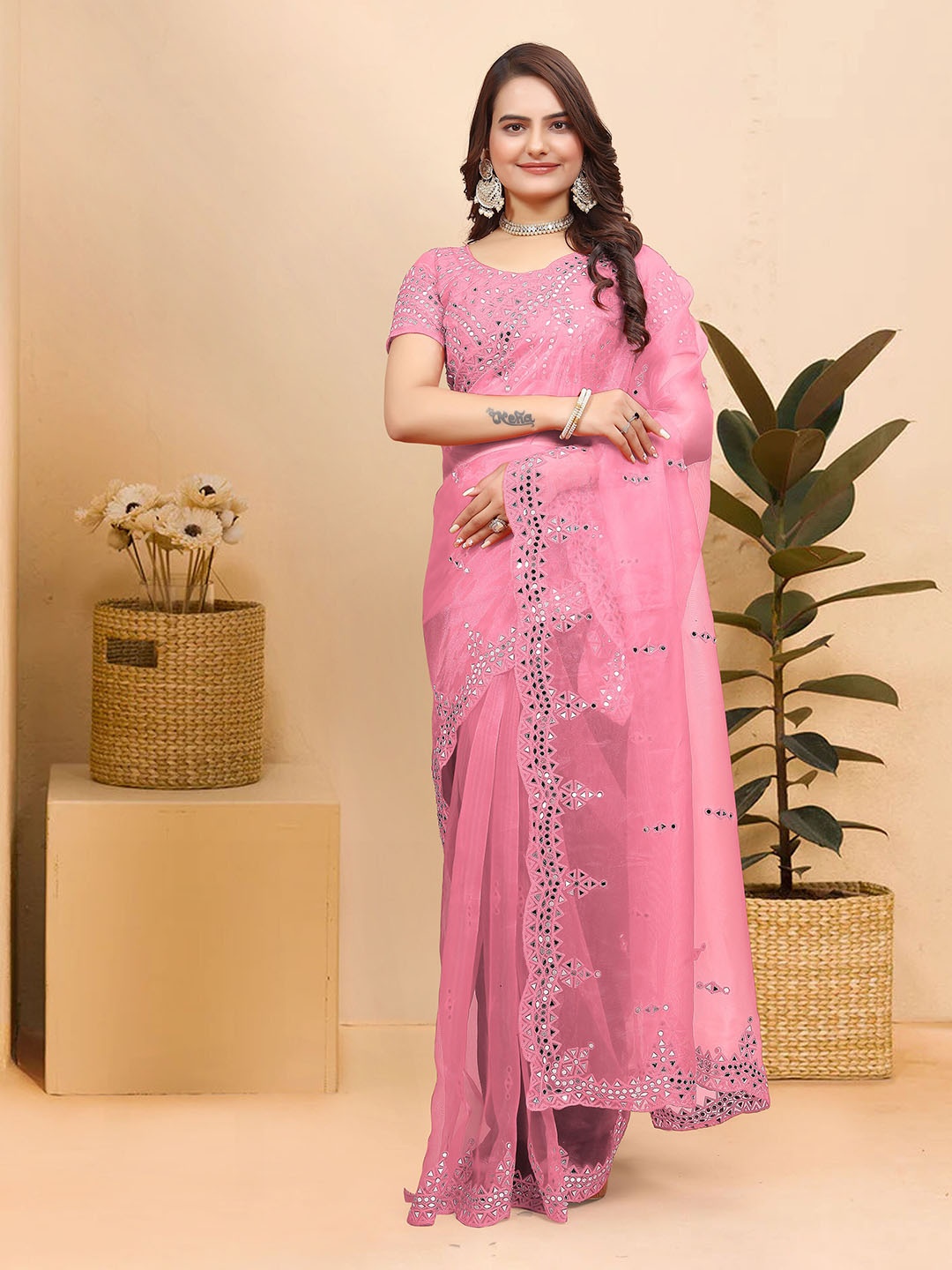 

Celeb Styles Ethnic Motifs Mirror Work Organza Saree, Pink