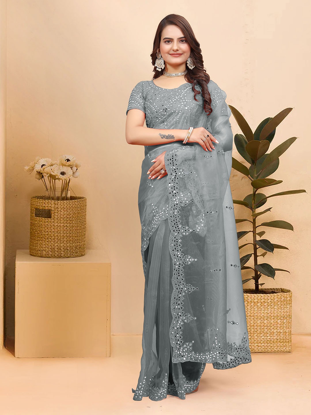 

Celeb Styles Embellished Mirror Work Organza Saree, Grey