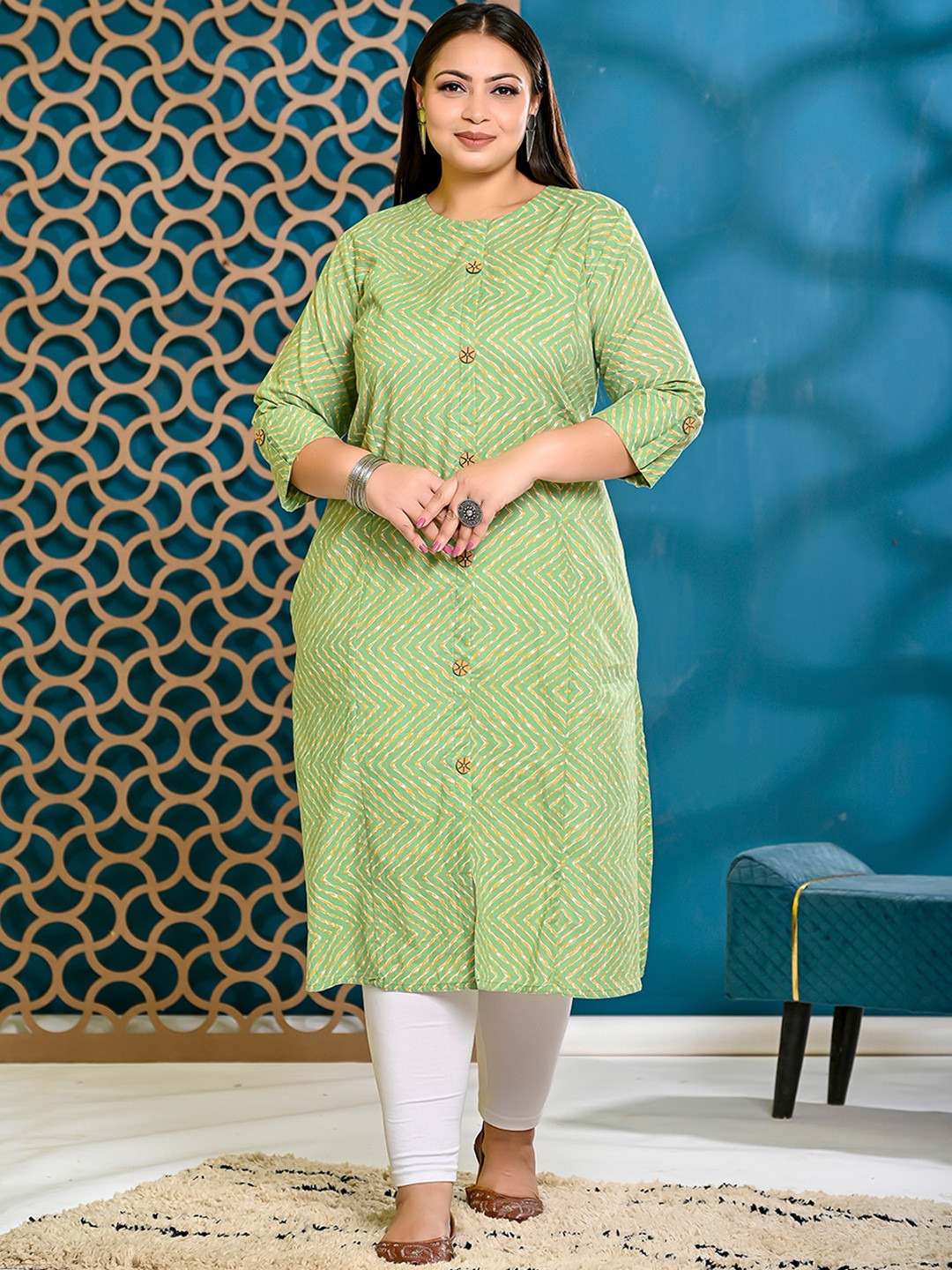 

PUMPUI Plus Size Geometric Printed Cotton Straight Kurta, Green