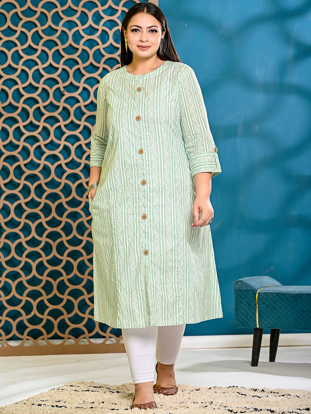 

PUMPUI Ethnic Motifs Printed Cotton Roll-Up Sleeves Plus Size A-Line Kurta, Turquoise blue