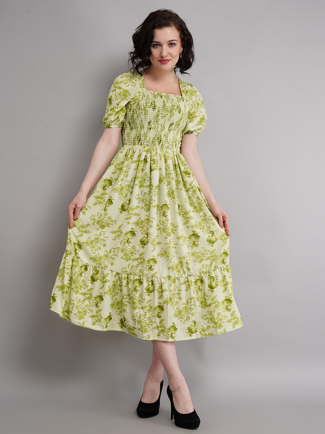 

Ironic Creation Floral Printed Puff Sleeve Fit & Flare Midi Dress, Green