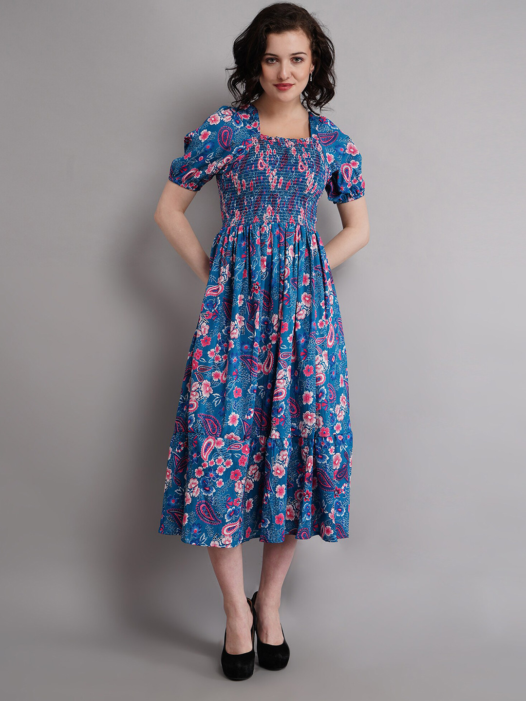 

Ironic Creation Floral Printed Puff Sleeve Fit & Flare Midi Dress, Blue