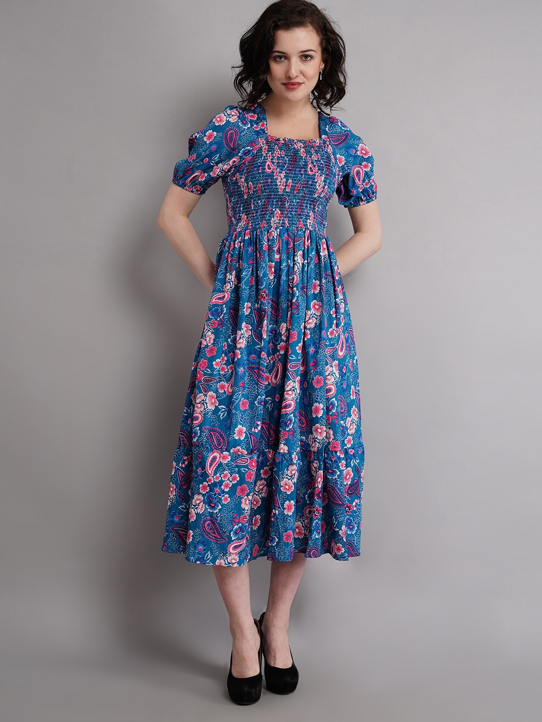 

Ironic Creation Floral Printed Square Neck Puff Sleeve Fit & Flare Midi Dress, Blue