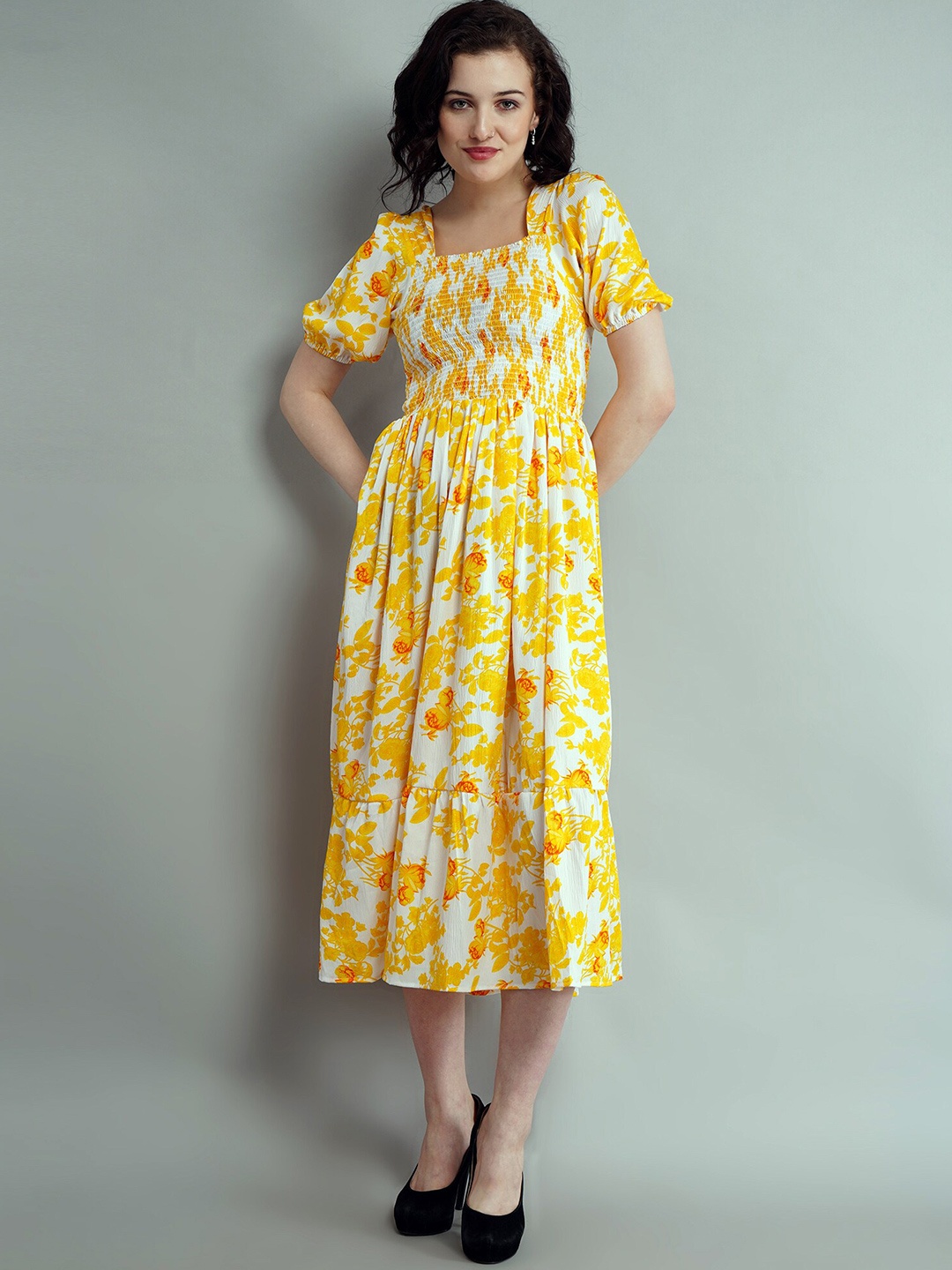 

Ironic Creation Floral Printed Round Neck Short Sleeves Fit & Flare Midi Dress, Yellow