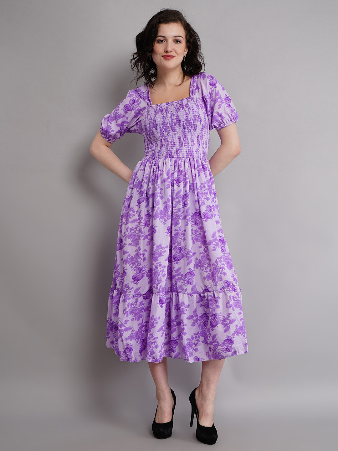 

Ironic Creation Floral Printed Round Neck Short Sleeves Fit & Flare Midi Dress, Purple