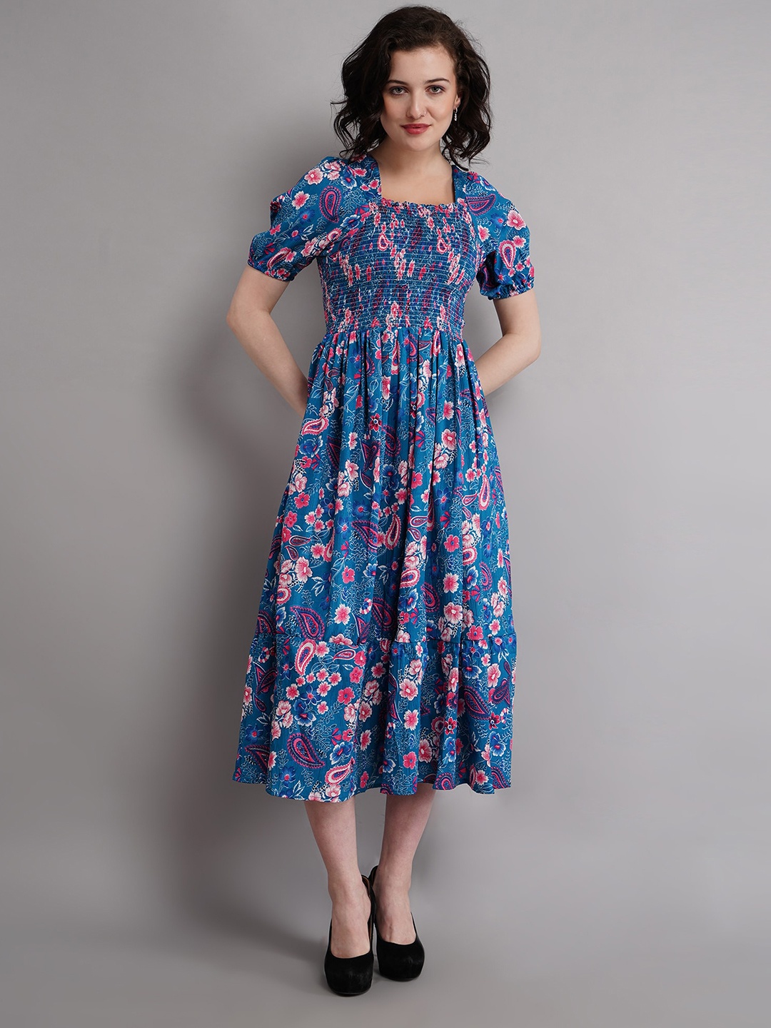 

Ironic Creation Floral Printed Puff Sleeve Fit & Flare Midi Dress, Blue