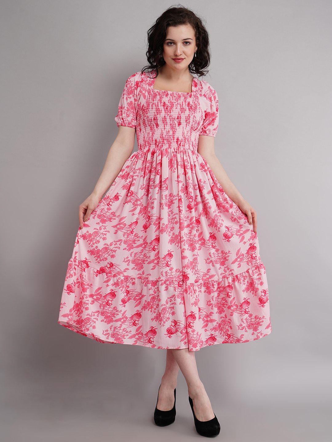 

Ironic Creation Floral Printed Round Neck Short Sleeves Fit & Flare Midi Dress, Pink