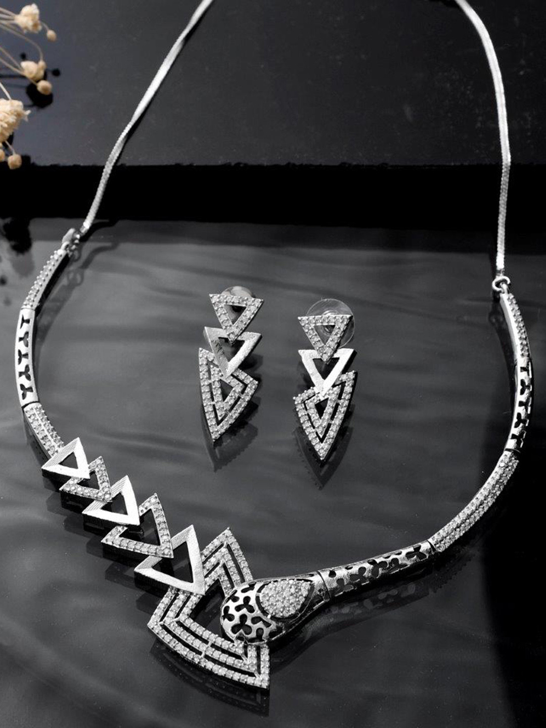 

VOJ Stainless Steel American Diamond-Studded Jewellery Set, Silver