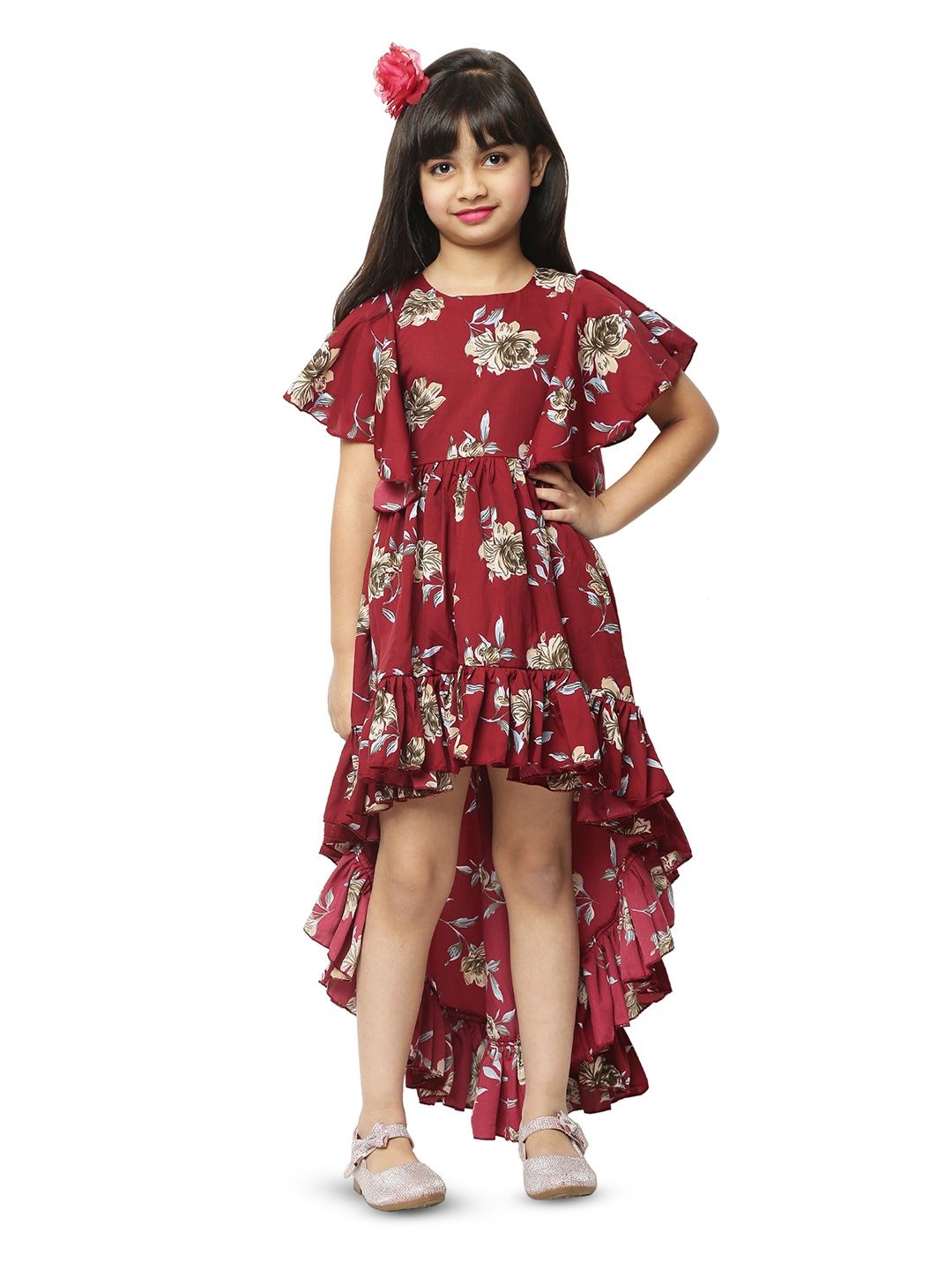 

BAESD Floral Print Flared Sleeve Crepe Fit & Flare Dress, Maroon
