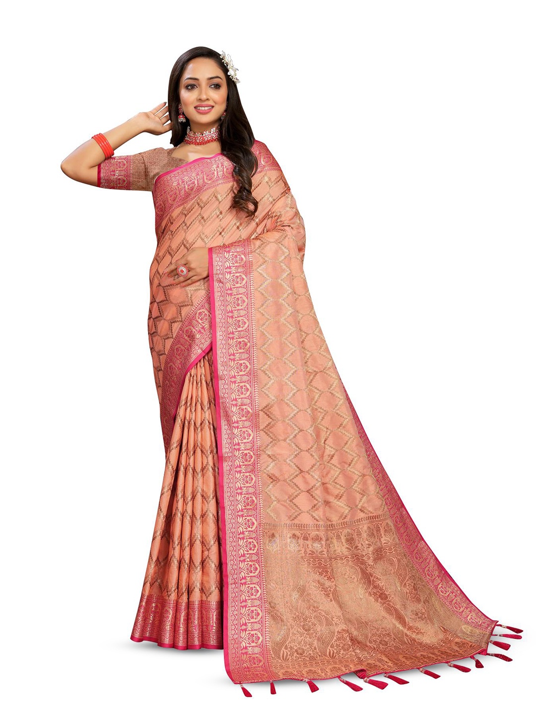 

PATIALAPICKS Woven Design Zari Pure Silk Paithani Saree with Tassels, Orange