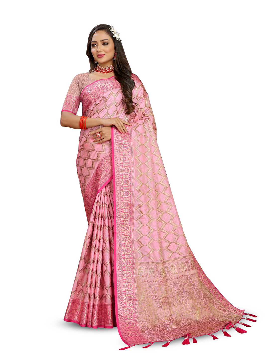 

PATIALAPICKS Woven Design Zari Pure Silk Paithani Saree with Tassels, Pink