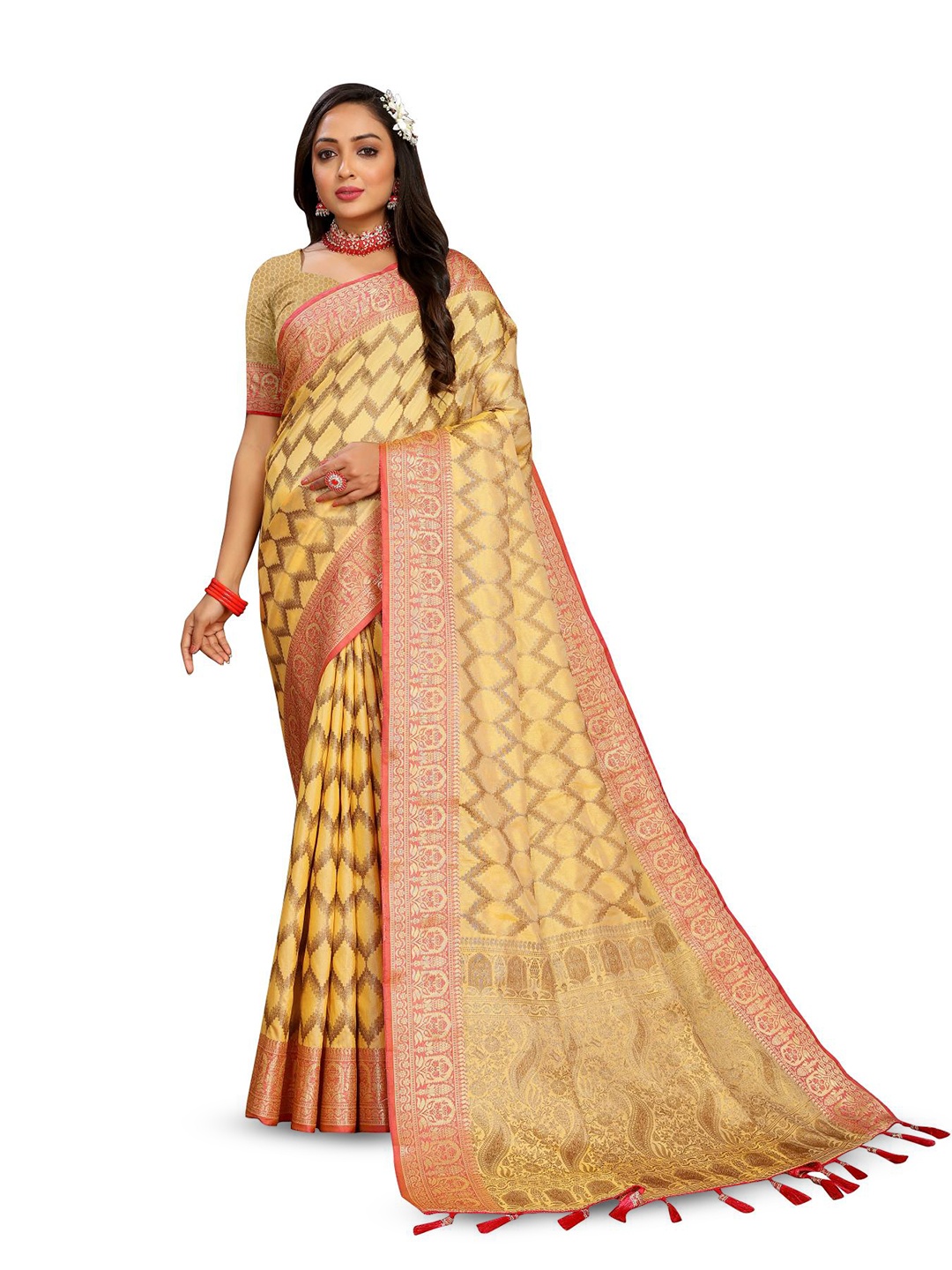 

PATIALAPICKS Ethnic Motifs Woven Design Zari Pure Silk Paithani Saree, Yellow