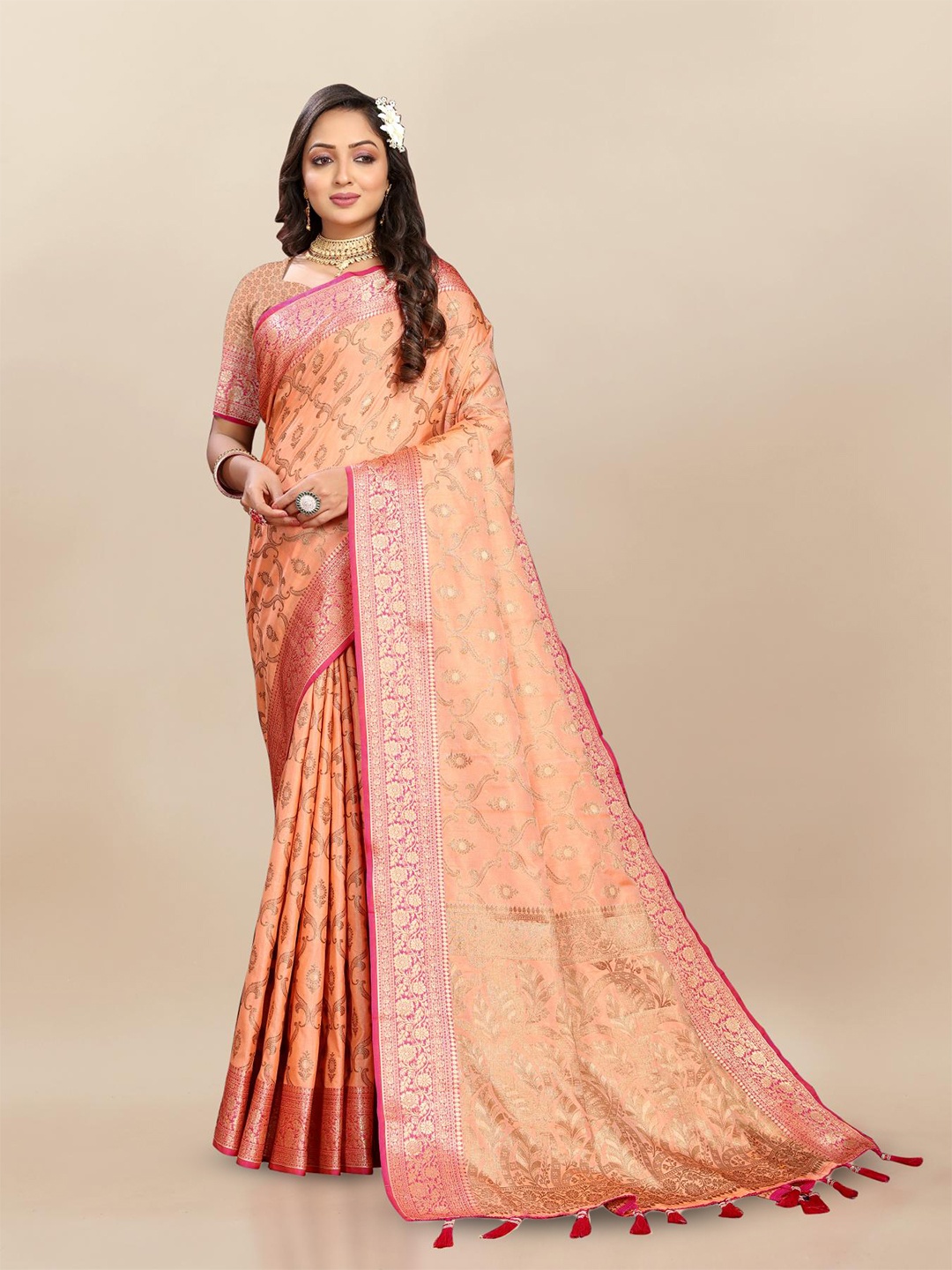 

PATIALAPICKS Ethnic Motifs Woven Design Zari Pure Silk Paithani Saree, Orange