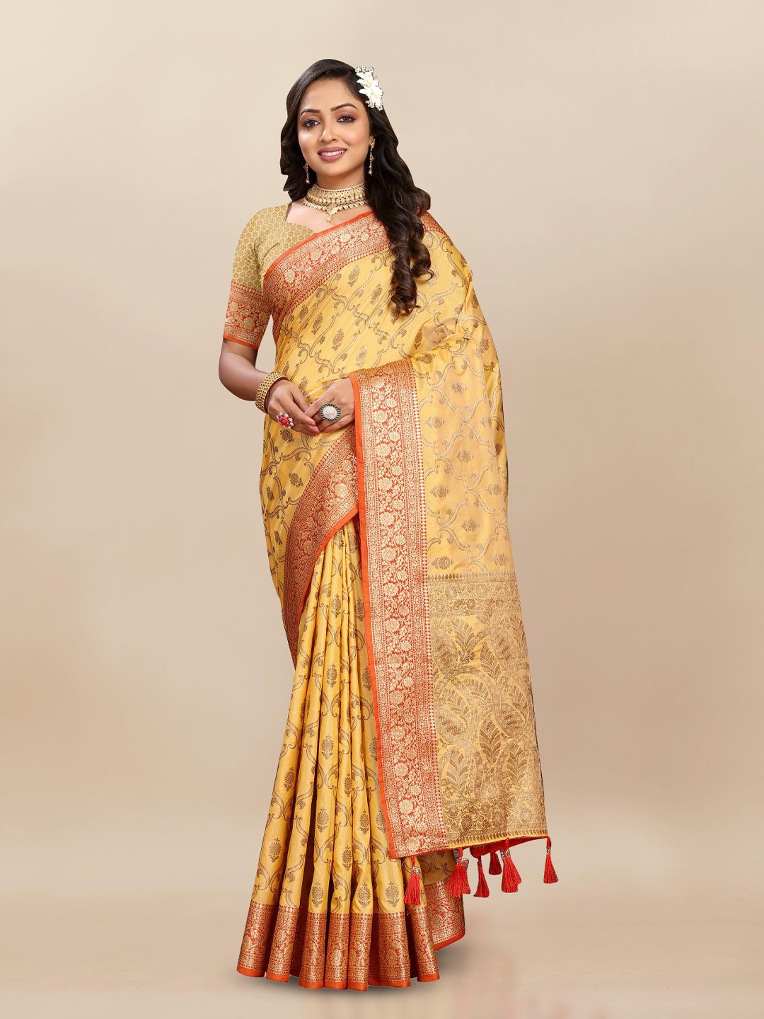 

PATIALAPICKS Ethnic Motifs Woven Design Zari Pure Silk Paithani Saree, Yellow