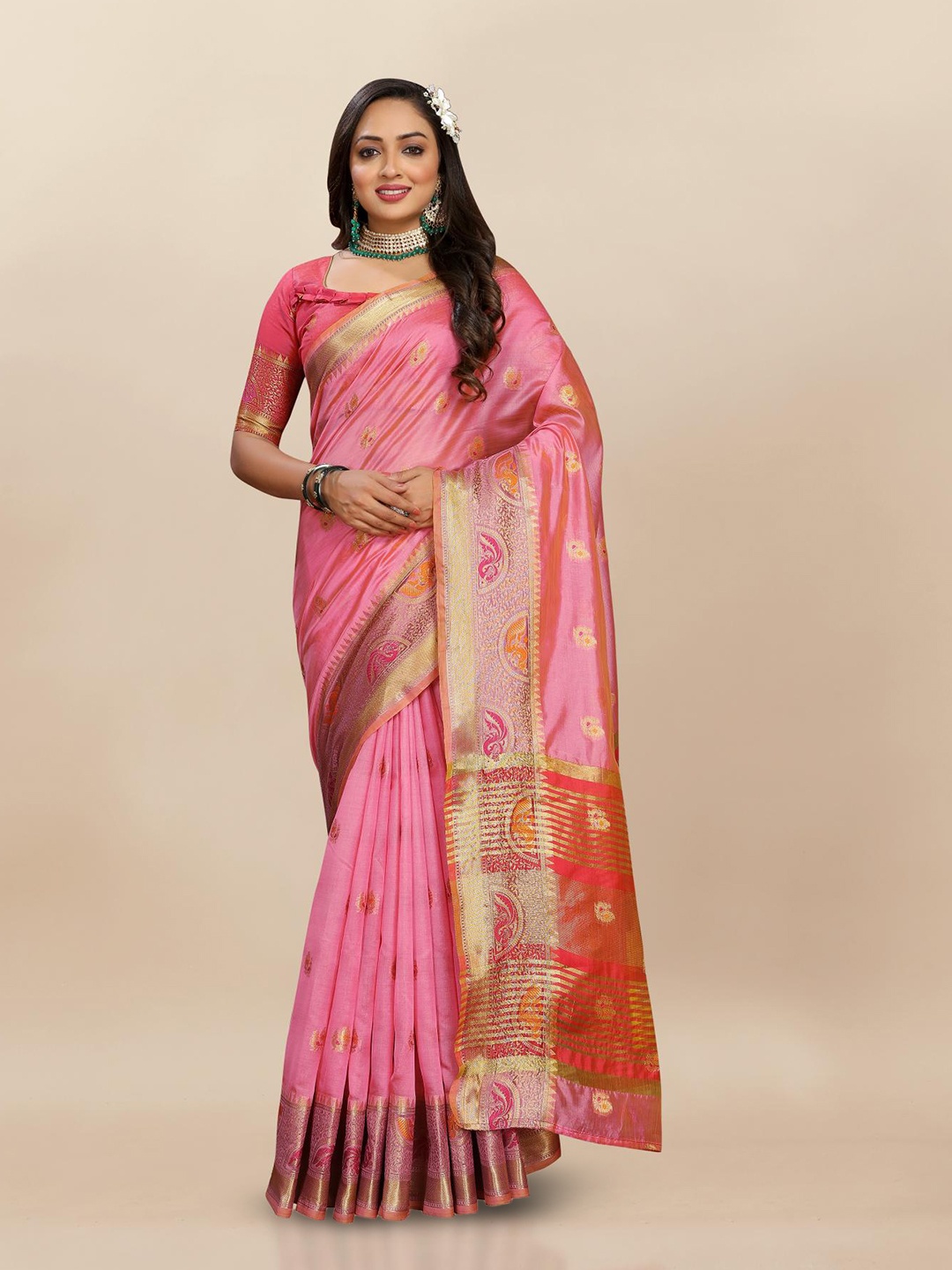 

PATIALAPICKS Ethnic Motifs Woven Design Zari Pure Silk Paithani Saree, Pink