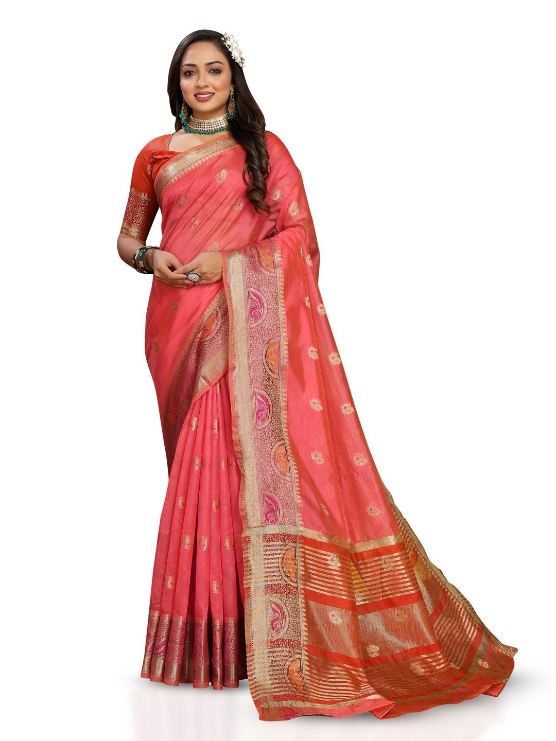 

PATIALAPICKS Woven Design Zari Organza Paithani Saree, Pink