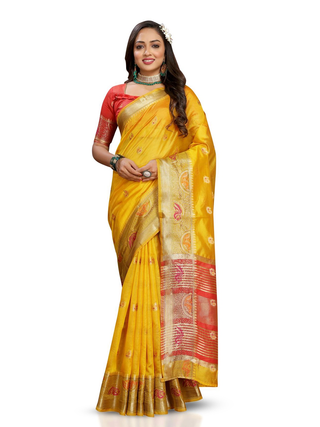 

PATIALAPICKS Woven Design Zari Organza Paithani Saree, Yellow