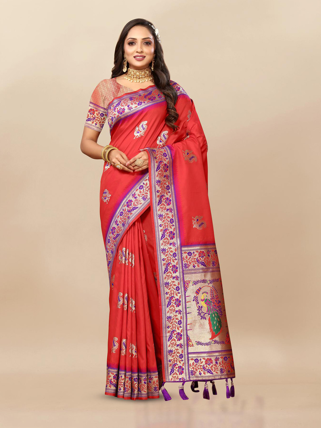 

PATIALAPICKS Ethnic Motifs Woven Design Zari Pure Silk Paithani Saree, Red