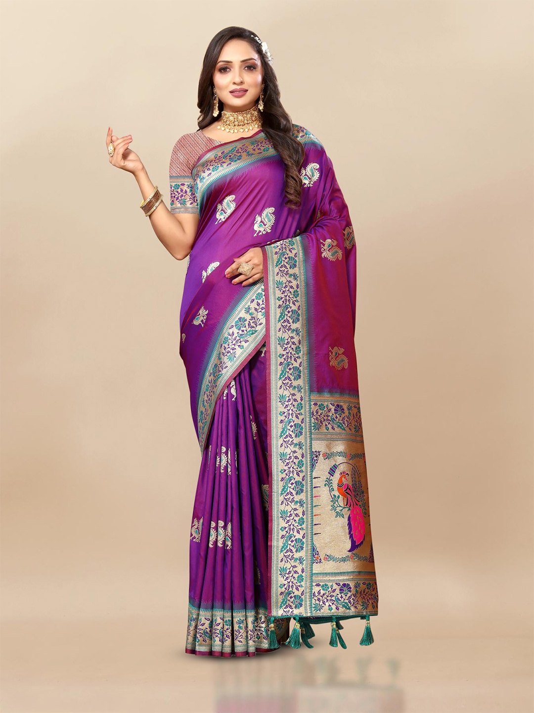

PATIALAPICKS Woven Design Zari Pure Silk Paithani Saree with Tassels, Purple