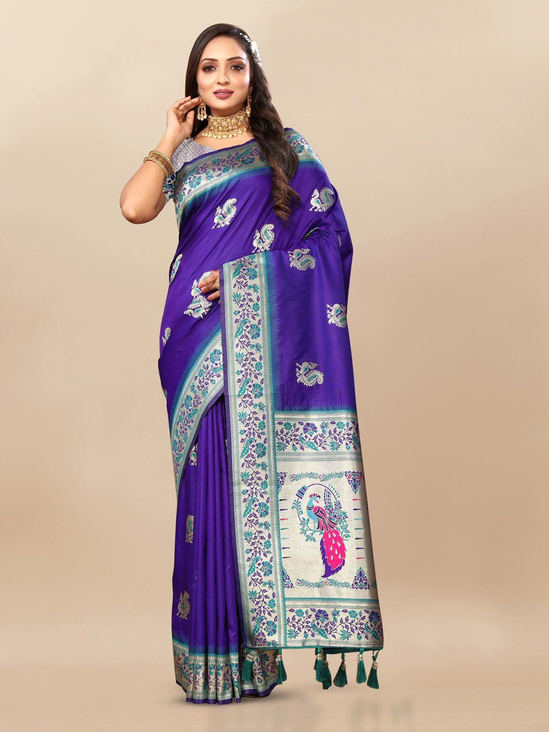 

PATIALAPICKS Woven Design Zari Pure Silk Paithani Saree with Tassels, Blue