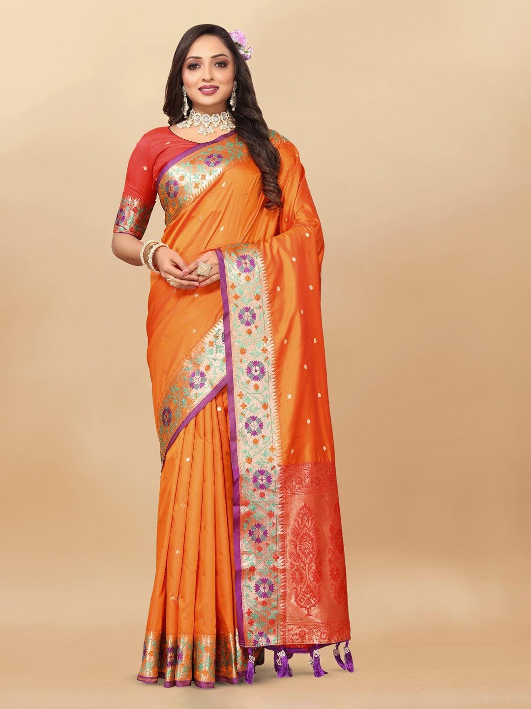 

PATIALAPICKS Woven Design Zari Pure Silk Paithani Saree, Orange