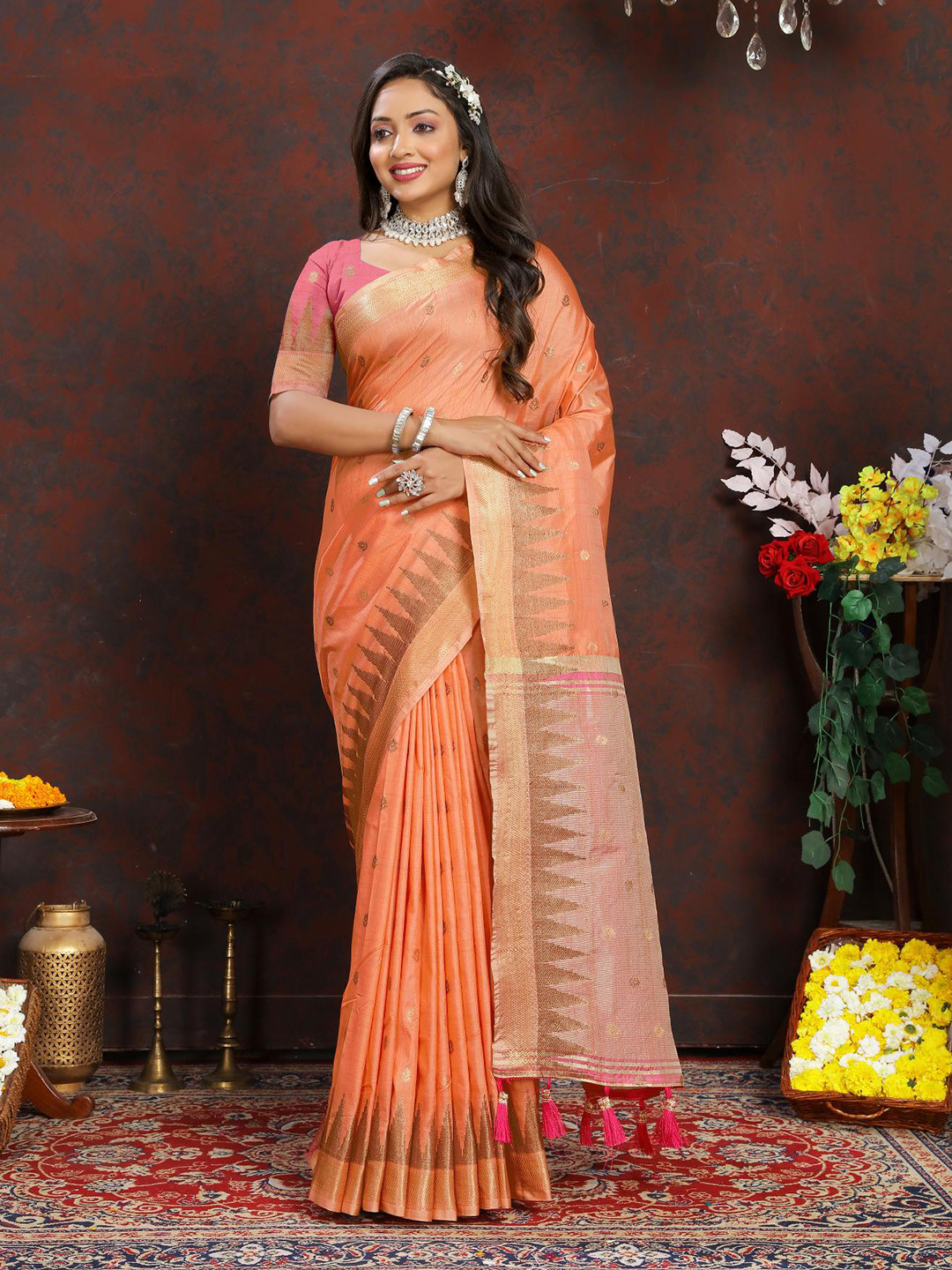 

PATIALAPICKS Woven Design Zari Pure Silk Paithani Saree, Orange