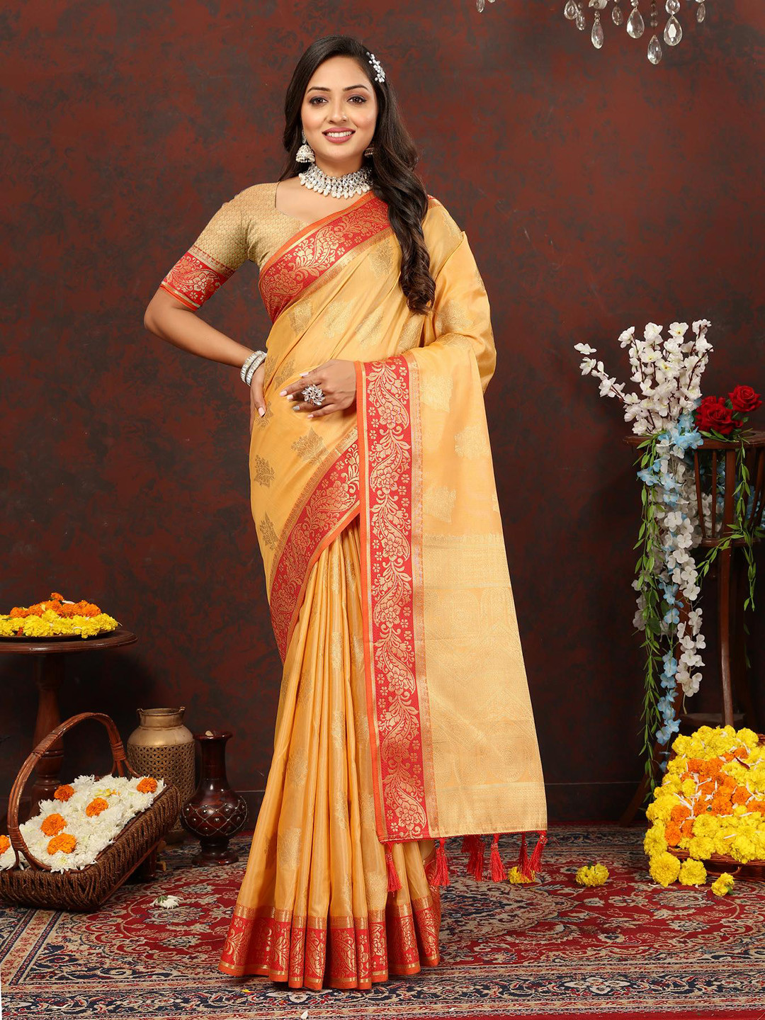 

PATIALAPICKS Woven Design Zari Pure Cotton Paithani Saree with Tassels, Mustard