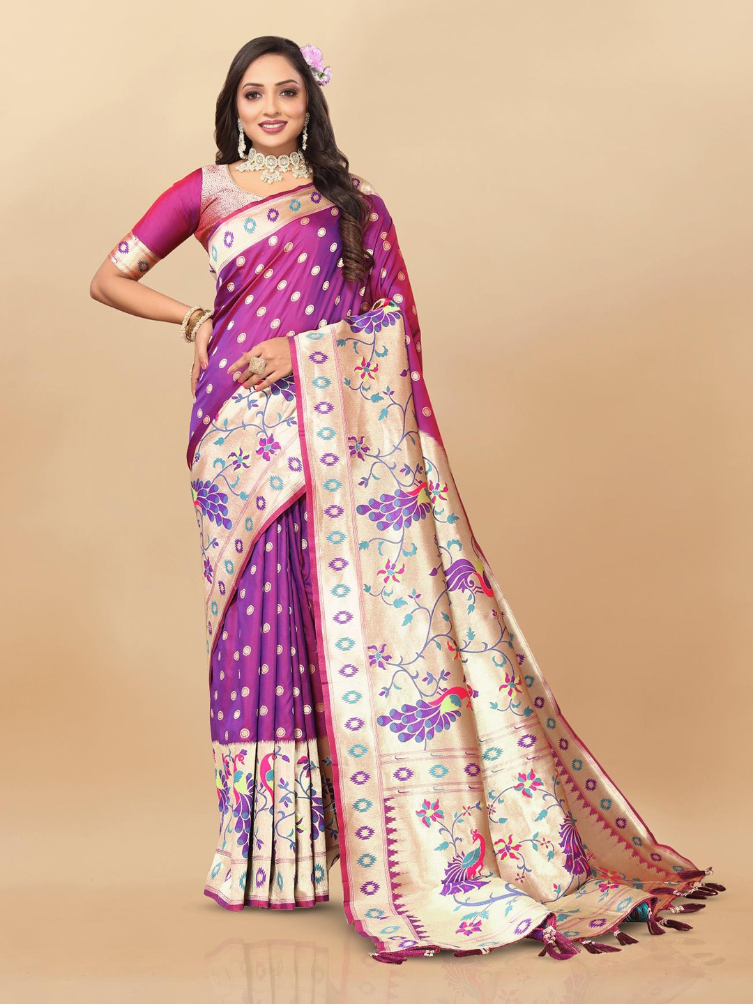 

PATIALAPICKS Woven Design Zari Pure Silk Paithani Saree, Purple