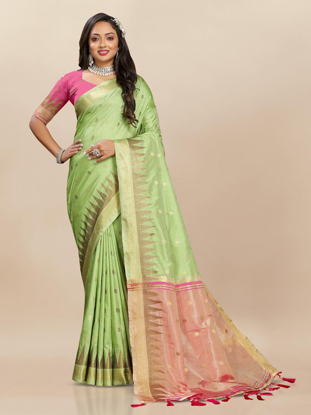 

PATIALAPICKS Woven Design Zari Pure Silk Paithani Saree with Tassels, Green
