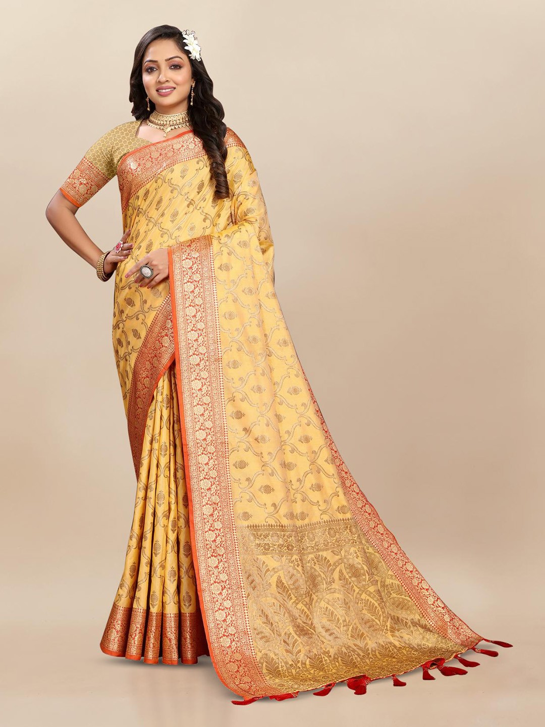 

PATIALAPICKS Woven Design Zari Pure Silk Paithani Saree with Tassels, Yellow