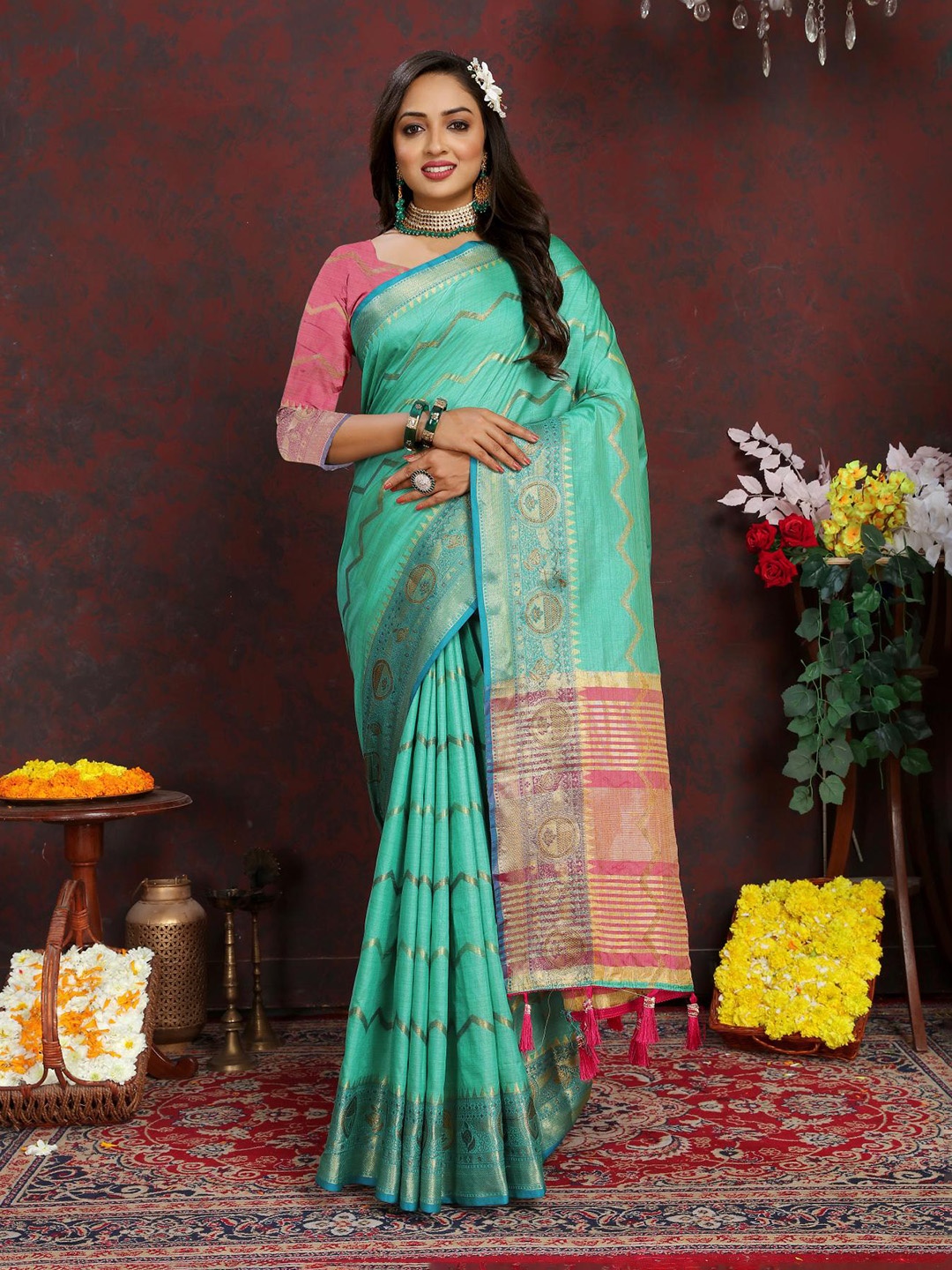 

PATIALAPICKS Woven Design Zari Pure Silk Paithani Saree with Tassels, Sea green