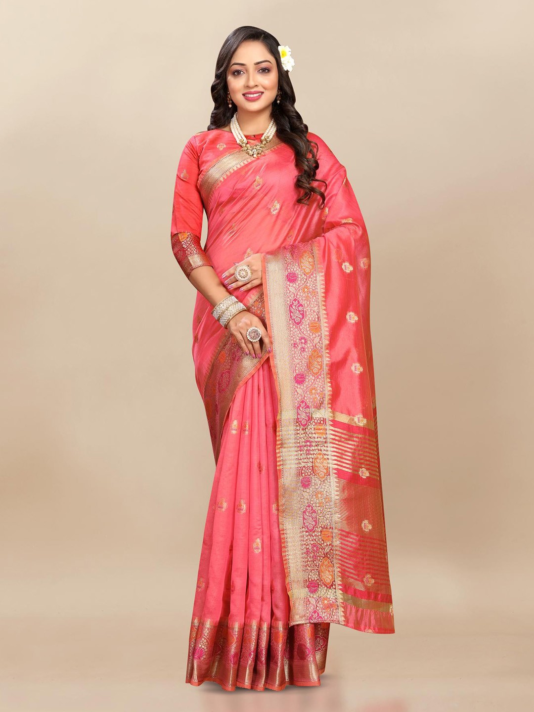 

PATIALAPICKS Woven Design Zari Organza Paithani Saree, Pink