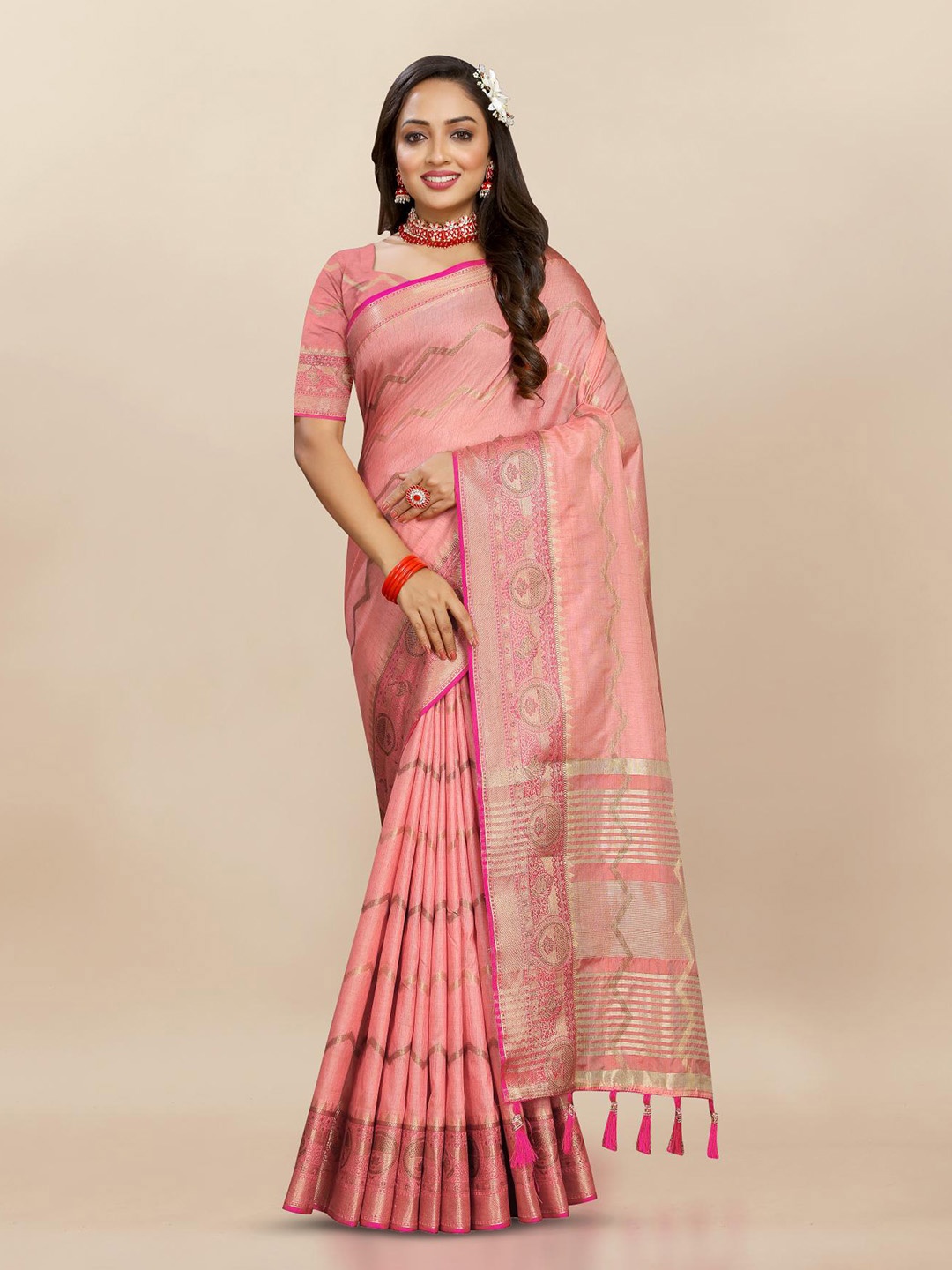 

PATIALAPICKS Woven Design Zari Pure Silk Saree, Pink