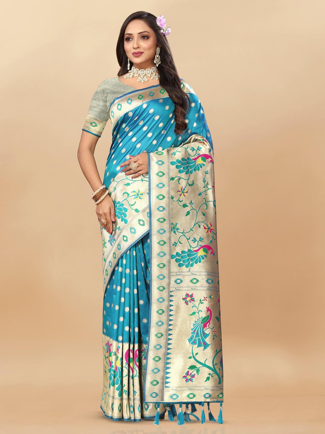 

PATIALAPICKS Woven Design Zari Pure Silk Paithani Saree with Tassels, Blue