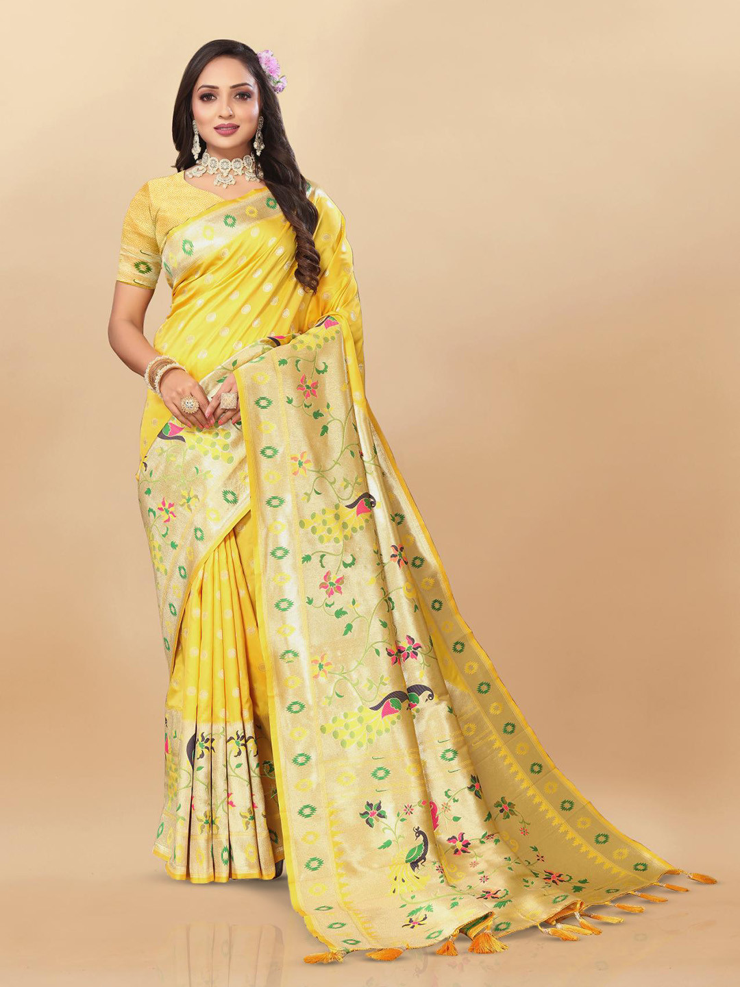 

PATIALAPICKS Woven Design Zari Pure Silk Paithani Saree, Yellow
