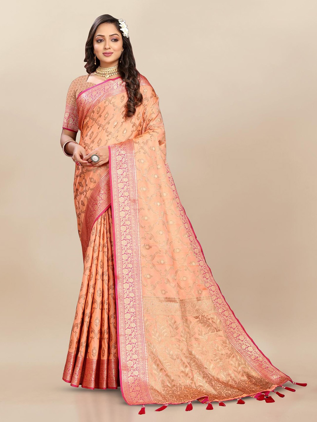 

PATIALAPICKS Woven Design Zari Pure Silk Paithani Saree with Tassels, Orange