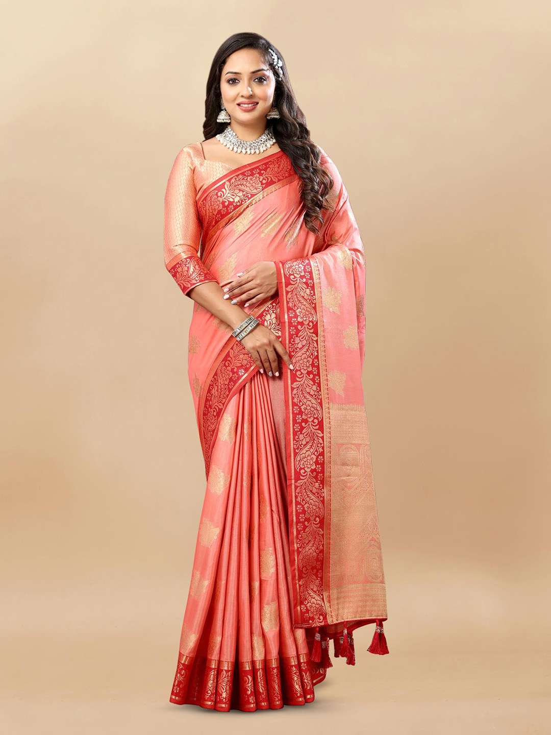 

PATIALAPICKS Woven Design Zari Pure Cotton Paithani Saree, Peach