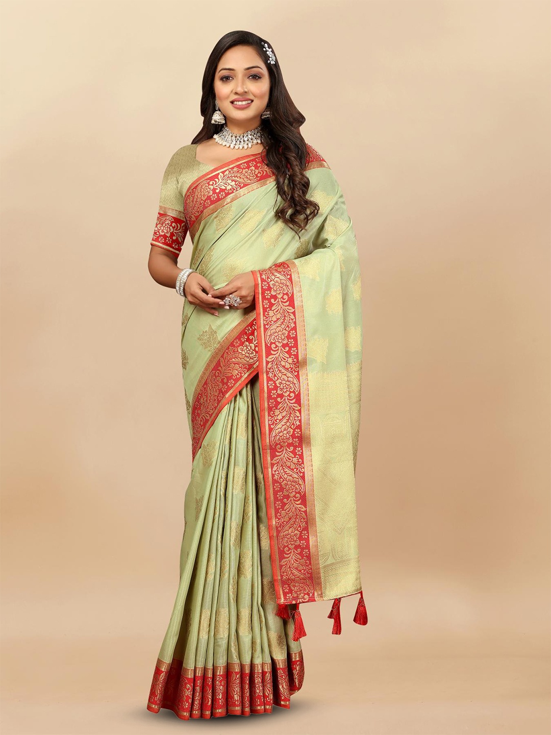 

PATIALAPICKS Woven Design Zari Pure Cotton Paithani Saree, Green