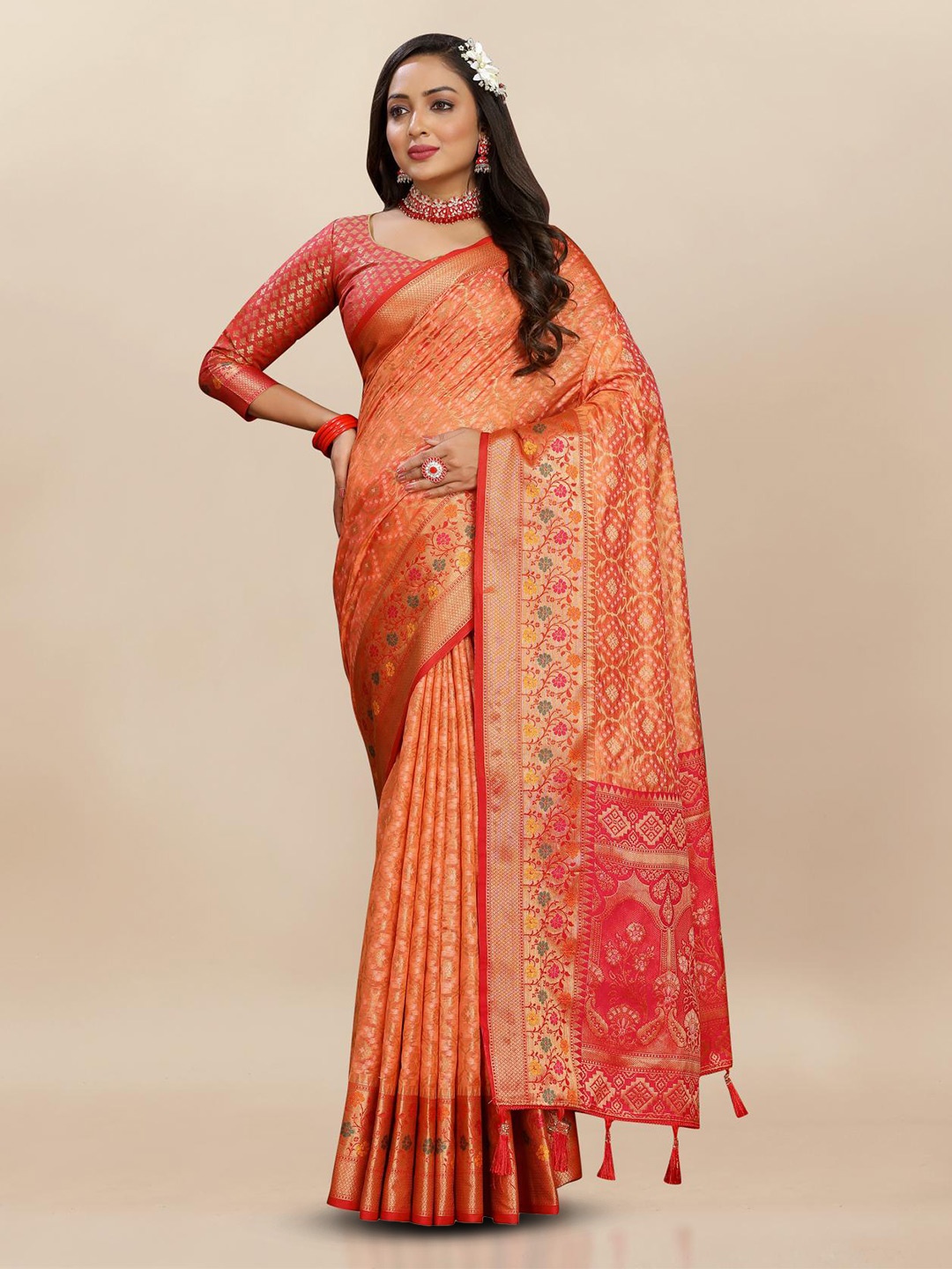 

PATIALAPICKS Woven Design Zari Organza Paithani Saree, Orange