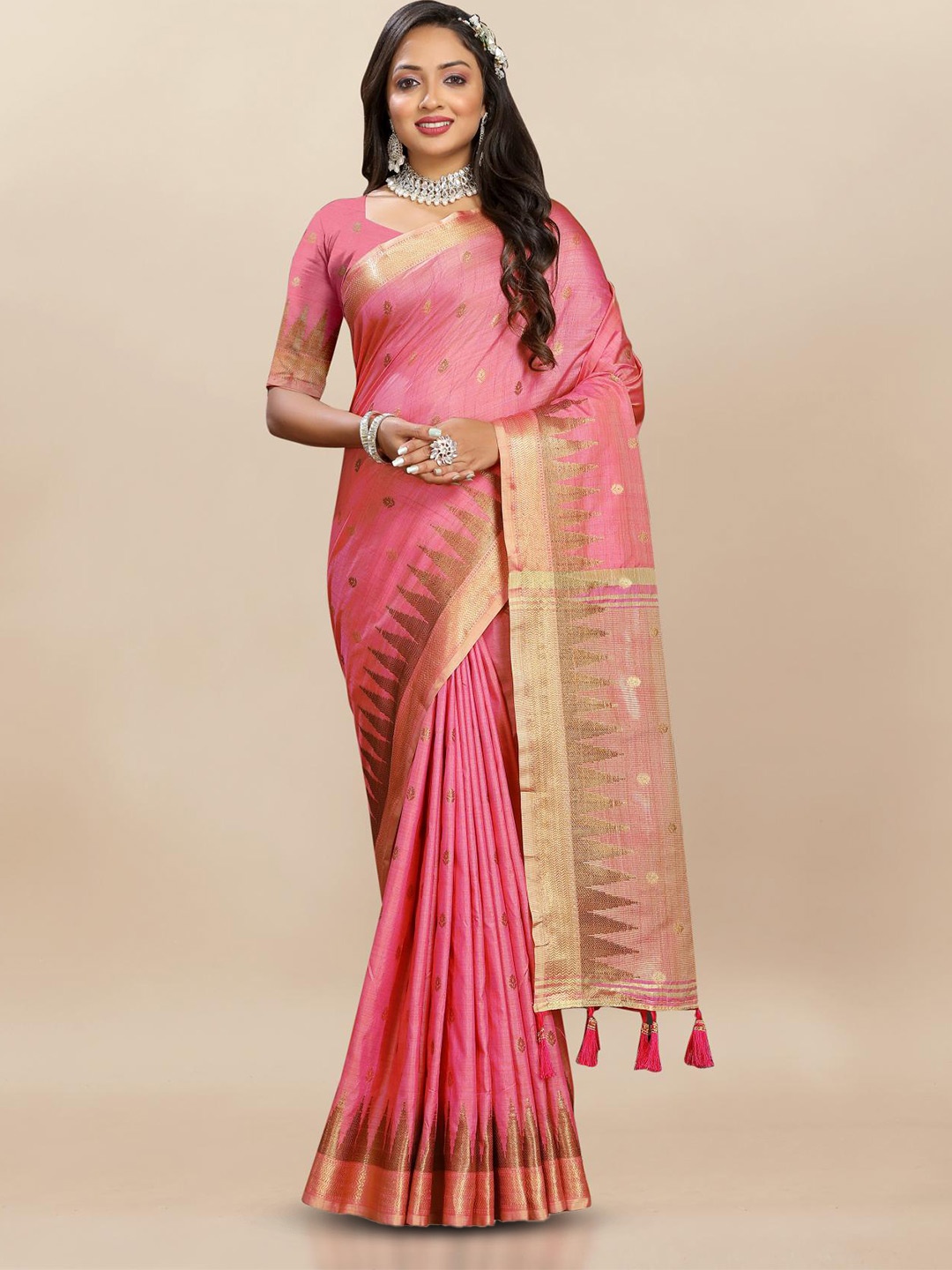 

PATIALAPICKS Woven Design Zari Pure Silk Paithani Saree, Pink